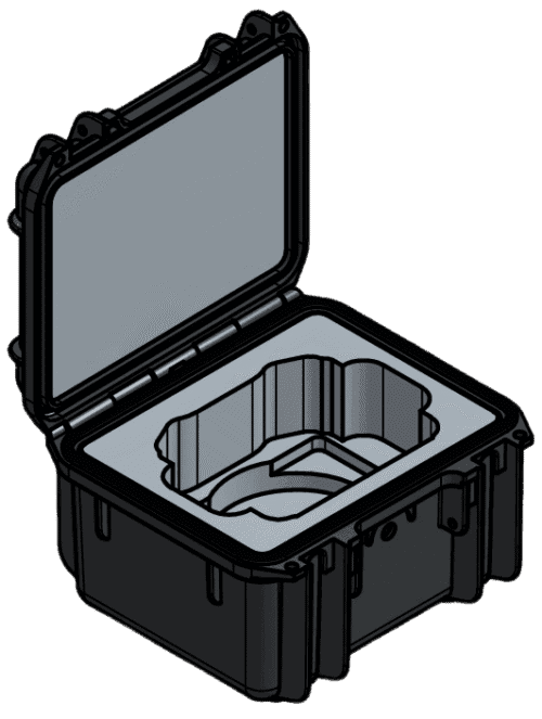 CAD view of an open controller case with a stepped custom foam interior